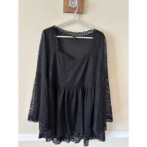 Torrid Womens Size 1 Black Lace Tunic Baby Doll Top Long Bell Sleeves